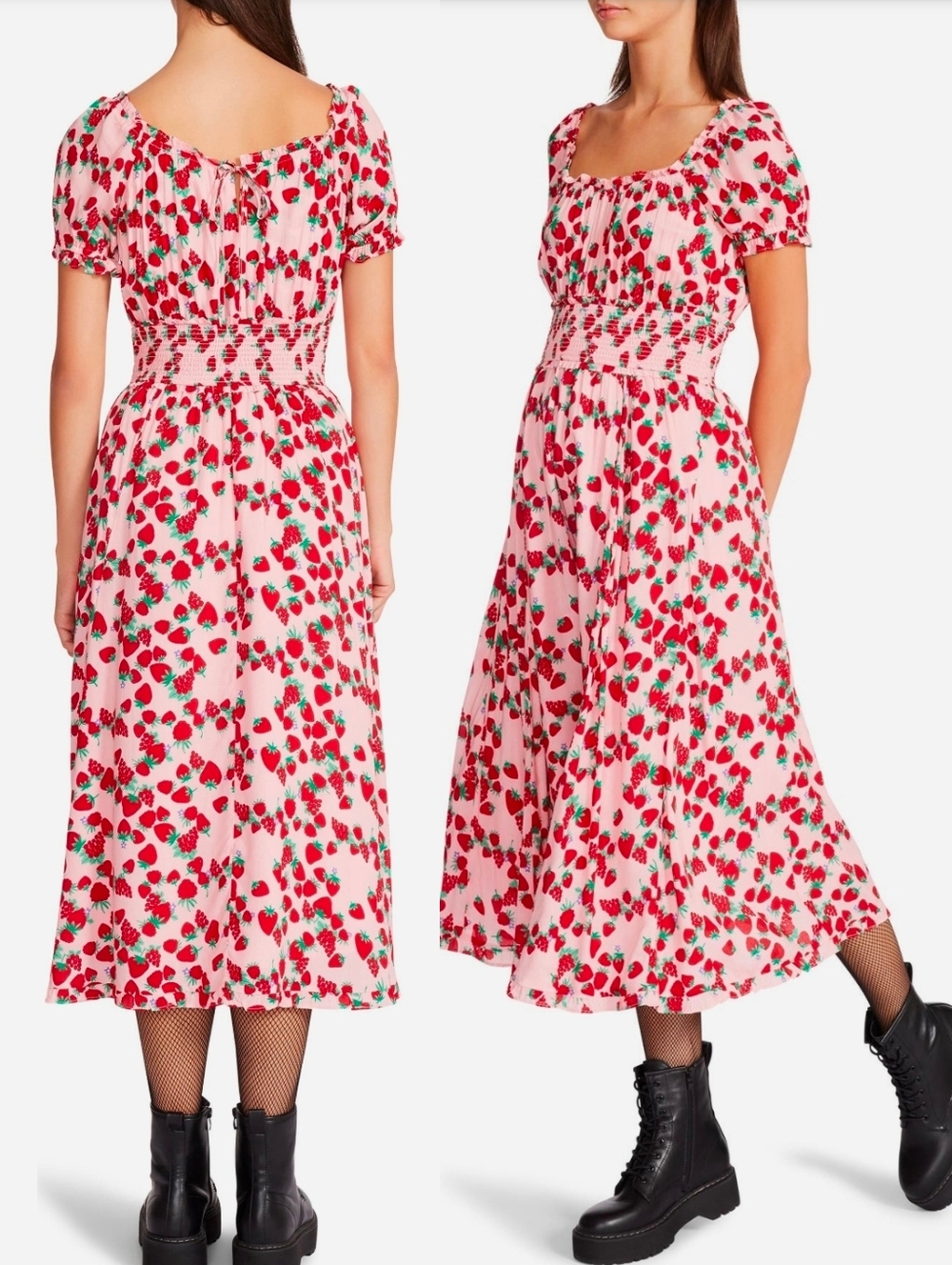 Betsey Johnson Pink Strawberry Fields Smocked Challis Midi Dress